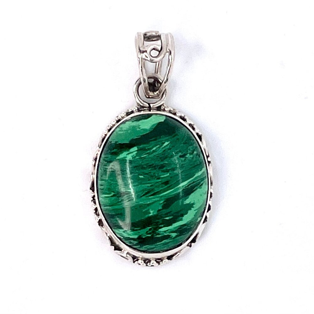 Malachite Oval pendant Deep Green in Sterling Silver detailed frame and bale